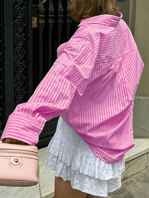 Buttoned Pockets Striped Long Sleeves Loose Lapel Blouses&Shirts Tops
