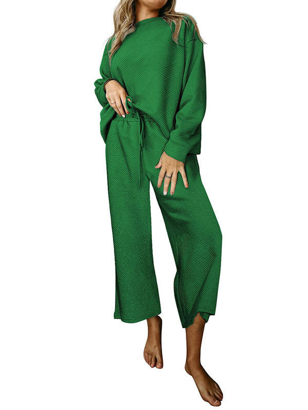Round-Neck Long Sleeves Loose Solid Color Shirts Top + Drawstring Pants Bottom Two Pieces Set