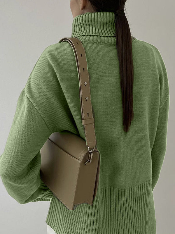 Pleated Solid Color Split-Side Long Sleeves Loose High Neck Sweater Tops