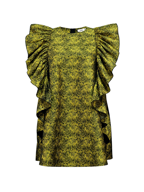 Flower Print Ruffled Zipper High Waisted Loose Round-Neck Mini Dresses