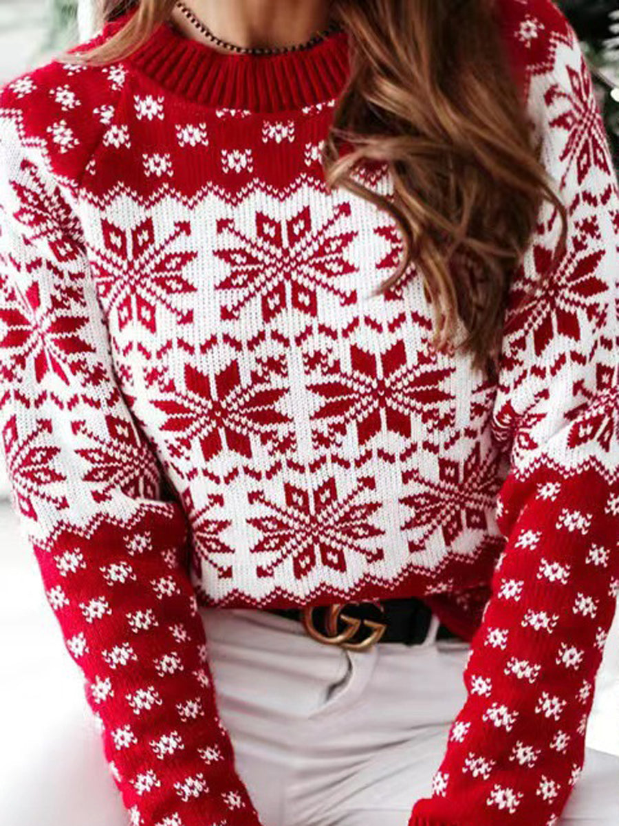 Contrast Color Knitted Flower Long Sleeves Round-Neck Sweater Tops Pullovers