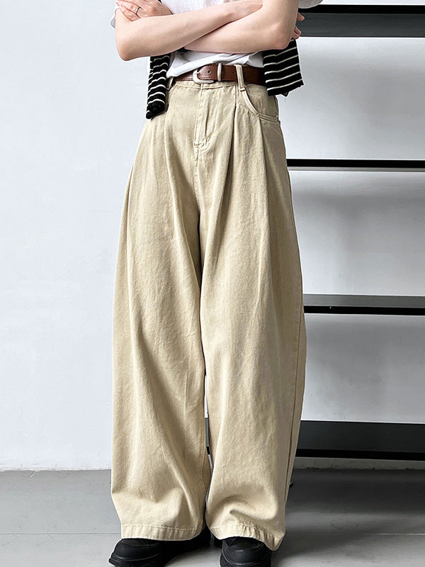 Belted Pleated Pockets High Waisted Wide Leg Jean Pants Bottoms