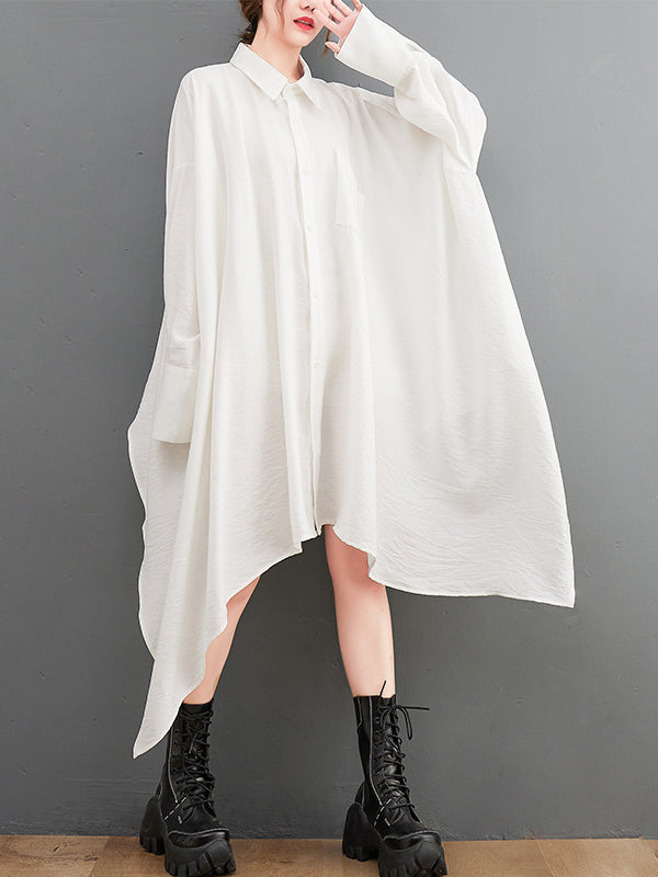 Asymmetric Buttoned Pockets Solid Color A-Line High-Low Lapel Shirt Dress Midi Dresses