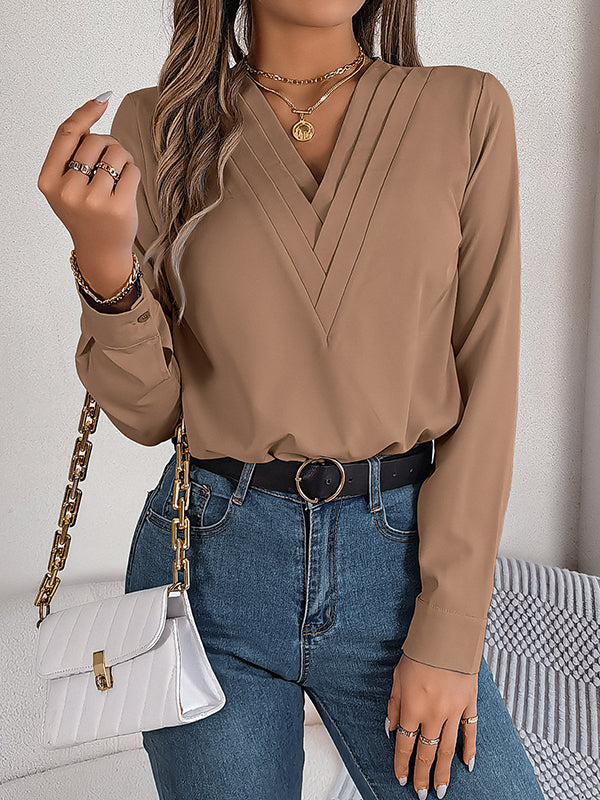 Pleated Solid Color Split-Joint Long Sleeves Loose V-Neck T-Shirts Tops