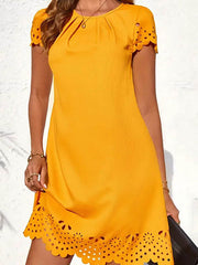 Hollow Pleated Solid Color Split-Joint Loose Short Sleeves Round-Neck Mini Dresses