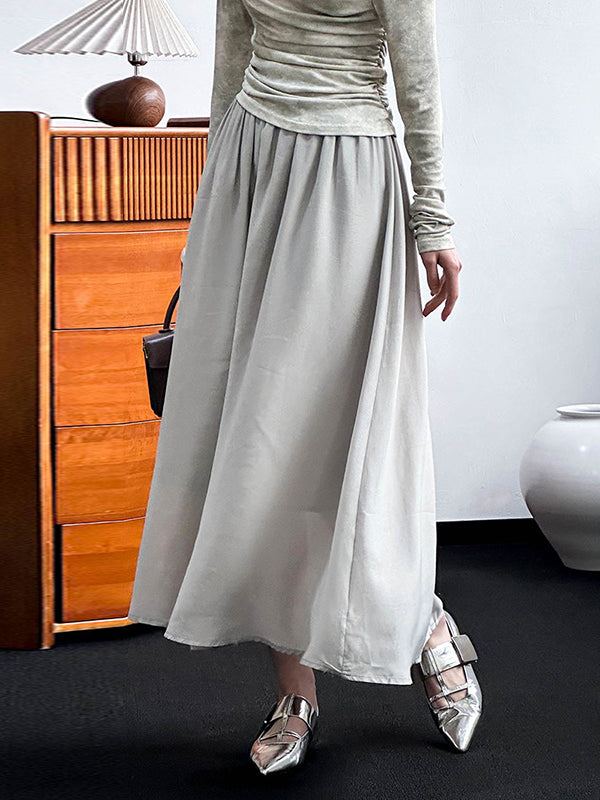 Elasticity Pleated Solid Color Split-Joint A-line High Waisted Skirts Bottoms