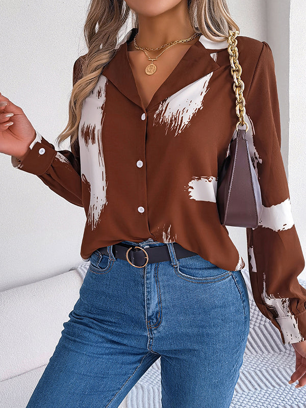 Buttoned Printed Long Sleeves Loose Notched Collar Blouses&Shirts Tops