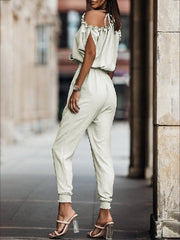 Solid Color Cold Shoulder Deep V-Neck Jumpsuits