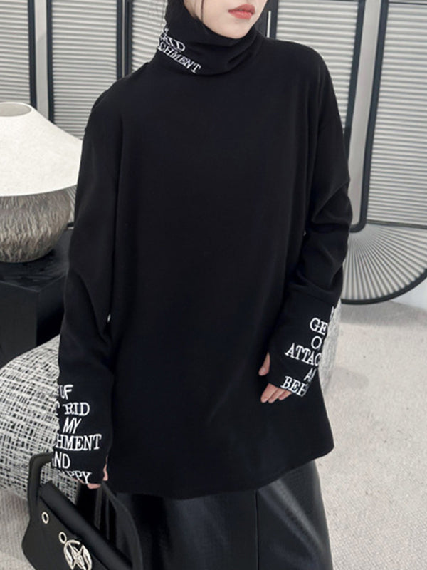 Letter Print Split-Joint Long Sleeves Loose High Neck T-Shirts