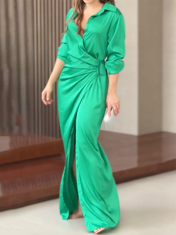 Long Sleeves Solid Color Split-Side Lapel Collar Maxi Dresses Shirt Dress