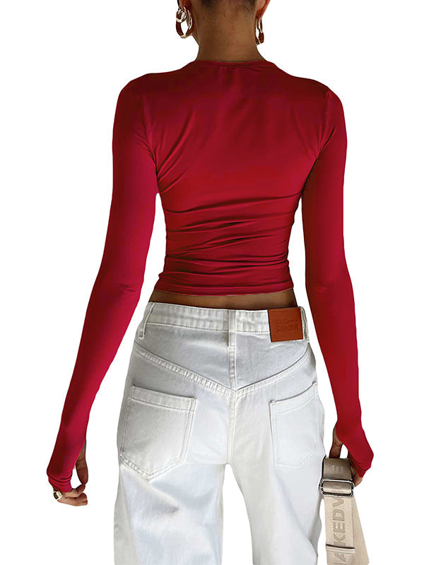 Hollow Solid Color Long Sleeves Skinny Round-Neck T-Shirts Tops