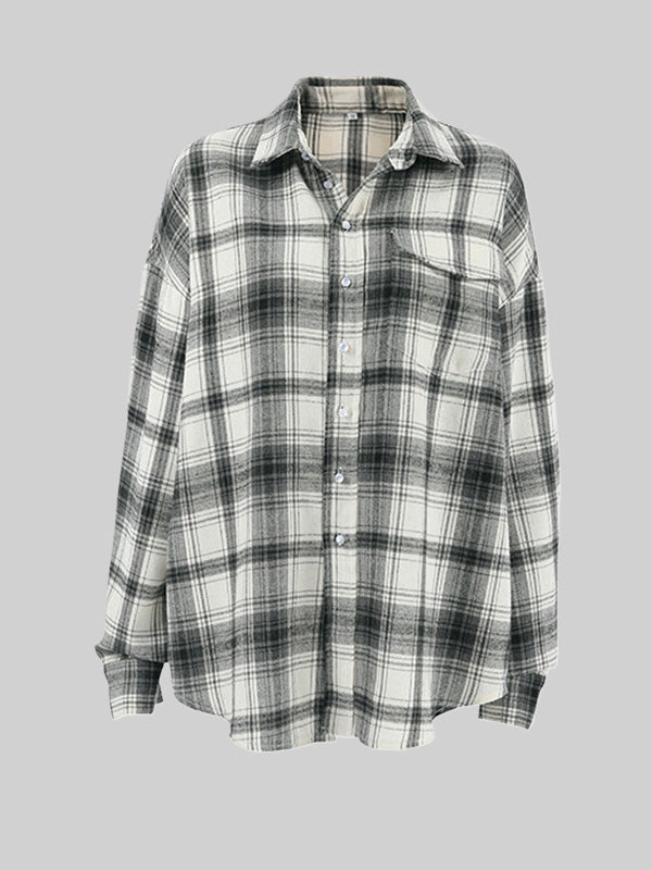 Buttoned Plaid Pockets Long Sleeves Loose Lapel Blouses&Shirts Tops