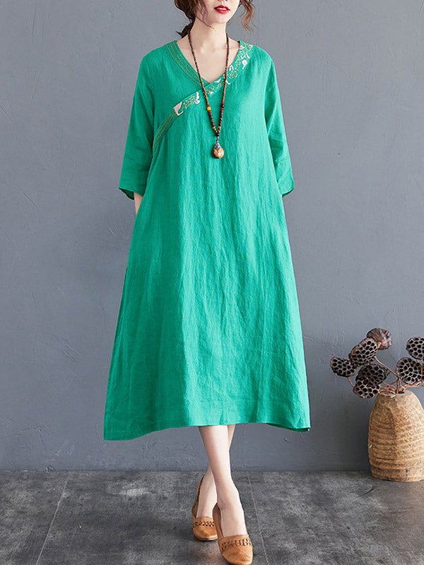 Cotton Blend V-Neck Embroidered Midi Dress