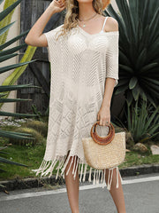 Hollow Tasseled Half Sleeves Loose V-Neck Midi Dresses