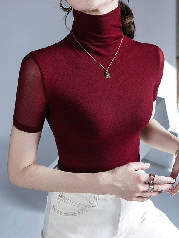 Solid Color Half Sleeves Skinny High Neck T-Shirts Tops