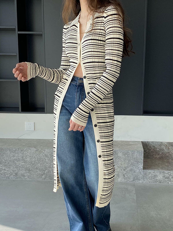 Long Sleeves Skinny Buttoned Pockets Striped Lapel Cardigan Coats Knitwear