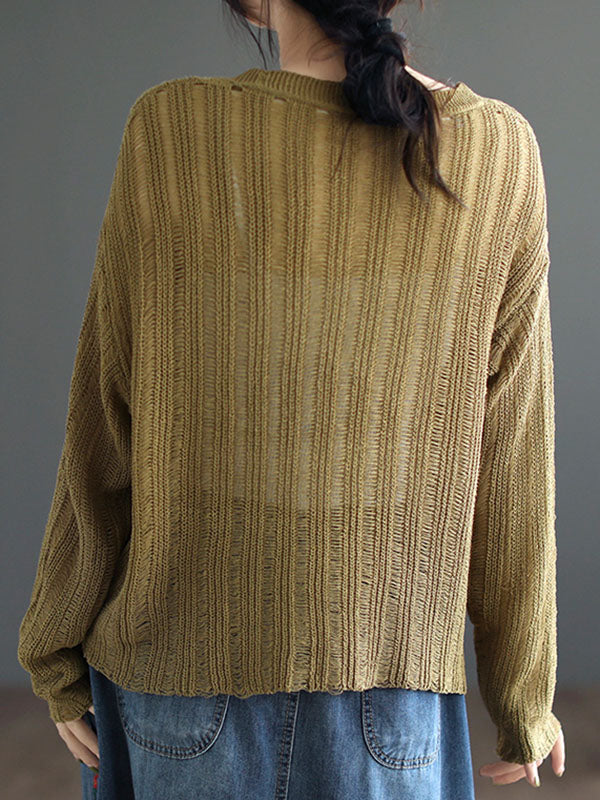 Hollow Solid Color Long Sleeves Loose V-Neck Pullovers