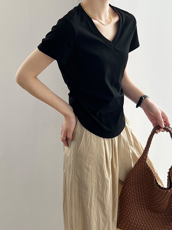 Solid Color Irregular clipping Short Sleeves V-neck T-Shirts Tops