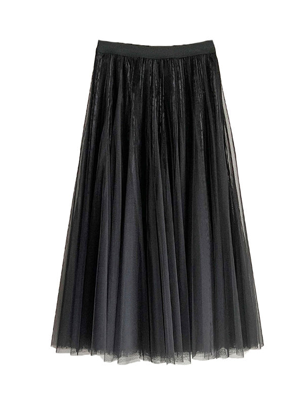 Gauze Pleated Solid Color Split-Joint A-Line High Waisted Skirts