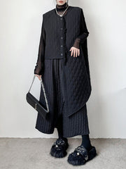 Asymmetric Buttoned Quilted Solid Color Tasseled Loose Sleeveless U-neck Padded Vest