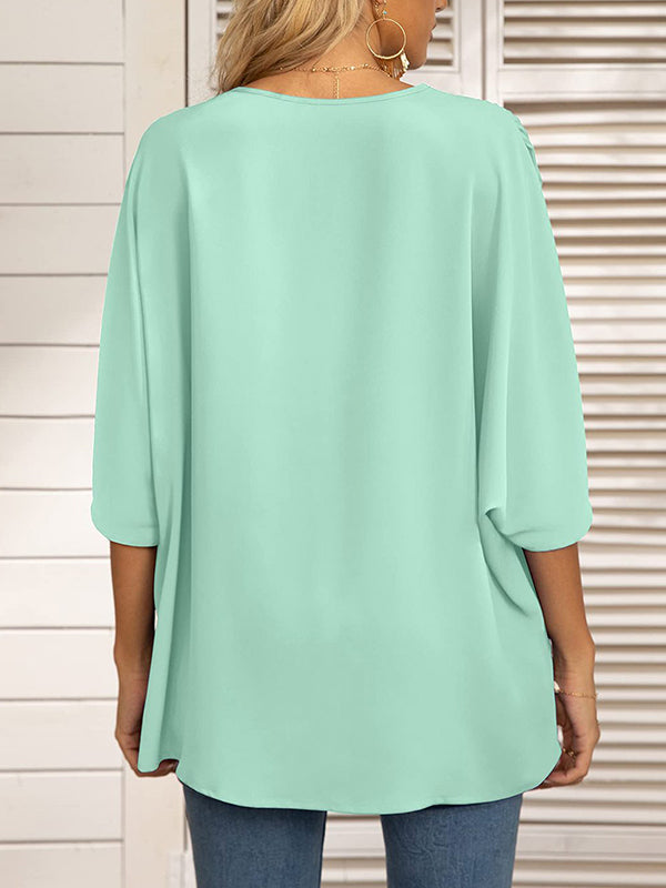Split-Joint Batwing Sleeves Loose V-neck Blouses&shirts Tops