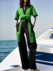 Contrast Color Half Sleeves Loose Lapel Blouses&Shirts Tops