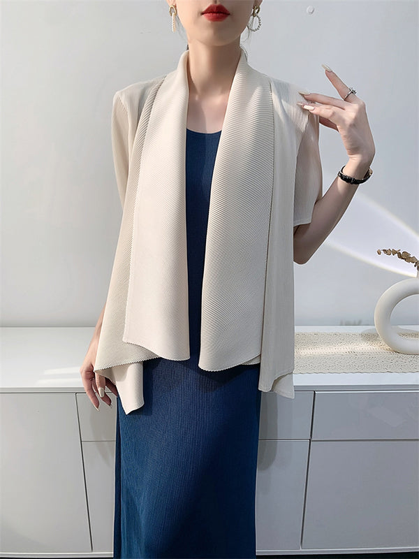 Pleated Solid Color Loose Short Sleeves Collarless Outerwear