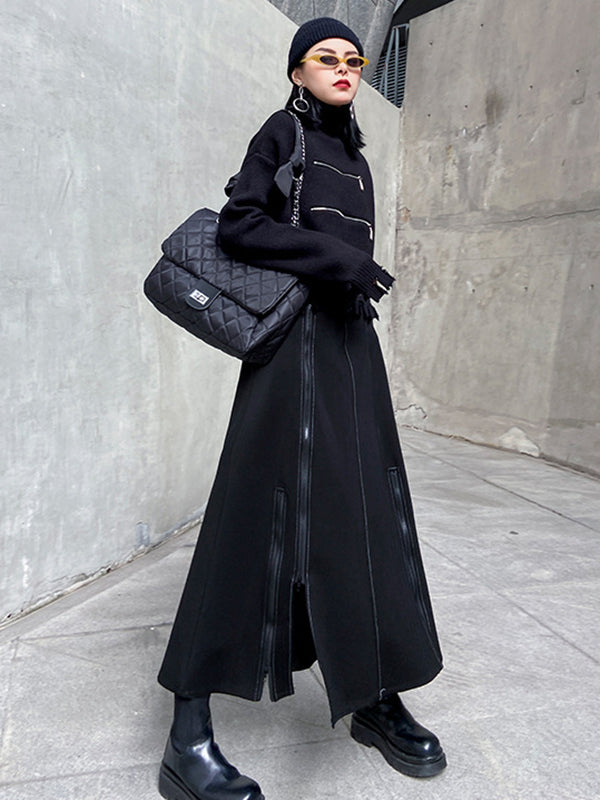 Solid Color Split-Joint Split-Side Zipper A-Line Irregularity Skirts Bottoms