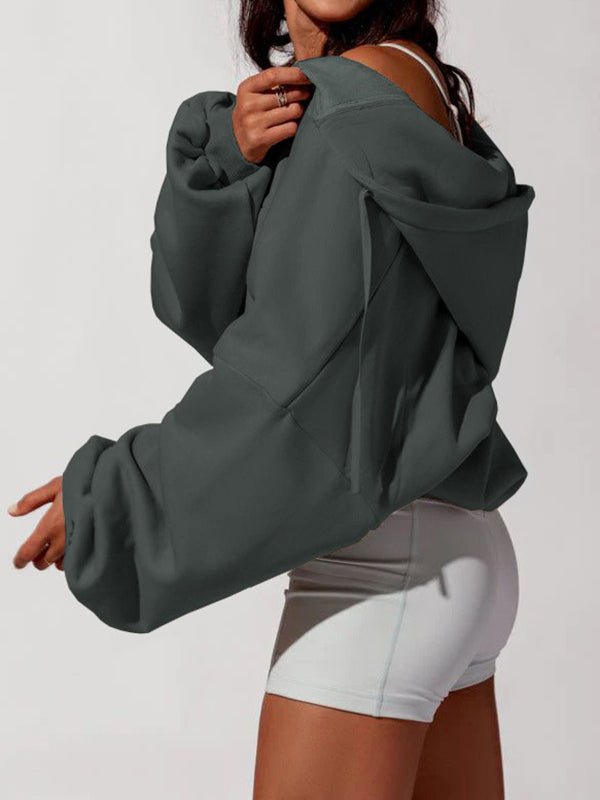 Drawstring Pockets Solid Color Zipper Hooded Long Sleeves Outerwear Jackets