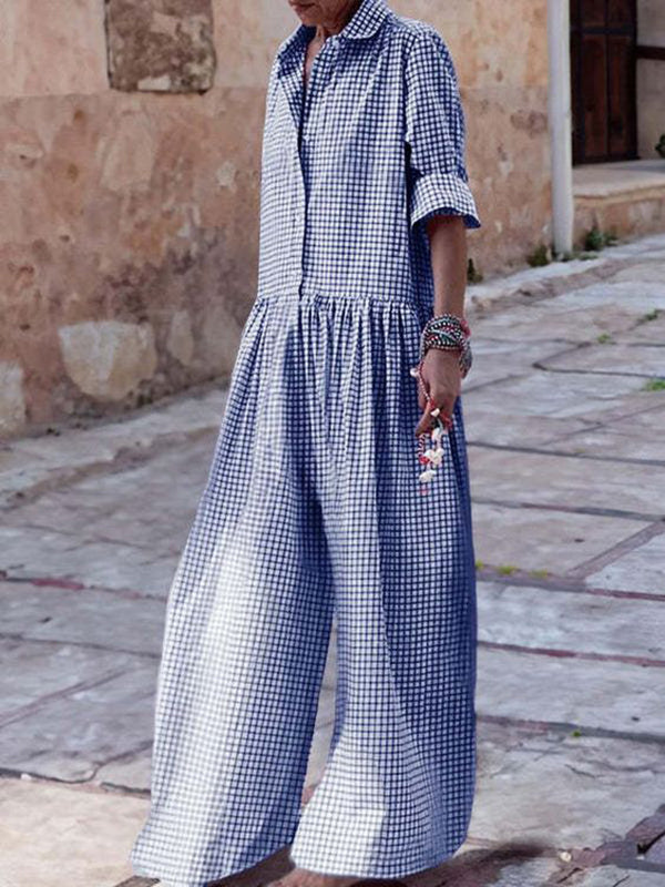 Buttoned Plaid Pleated Split-Joint Long Sleeves Loose Lapel Jumpsuits