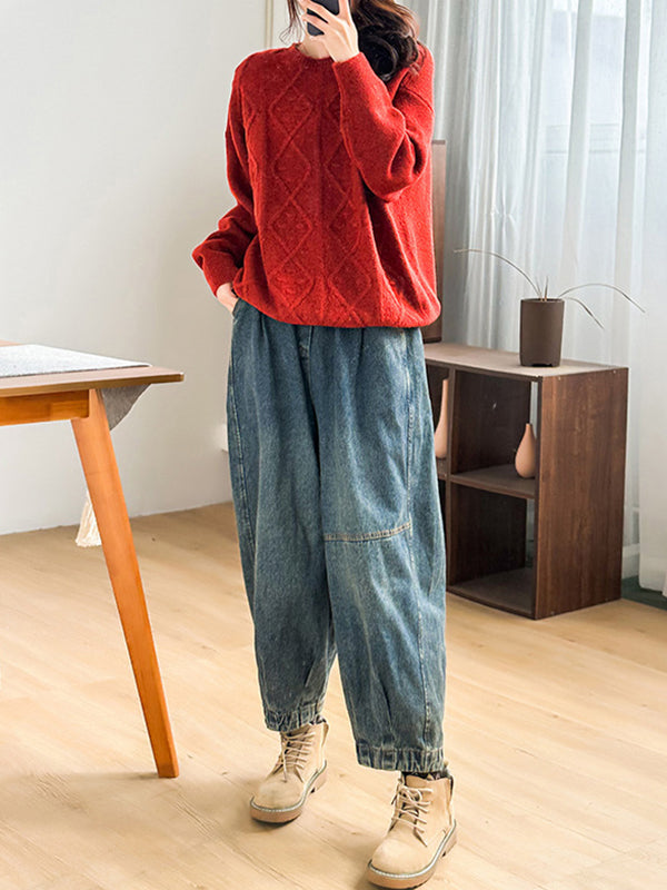 Simple Loose Long Sleeves Jacquard Solid Color Round-Neck Sweater Tops
