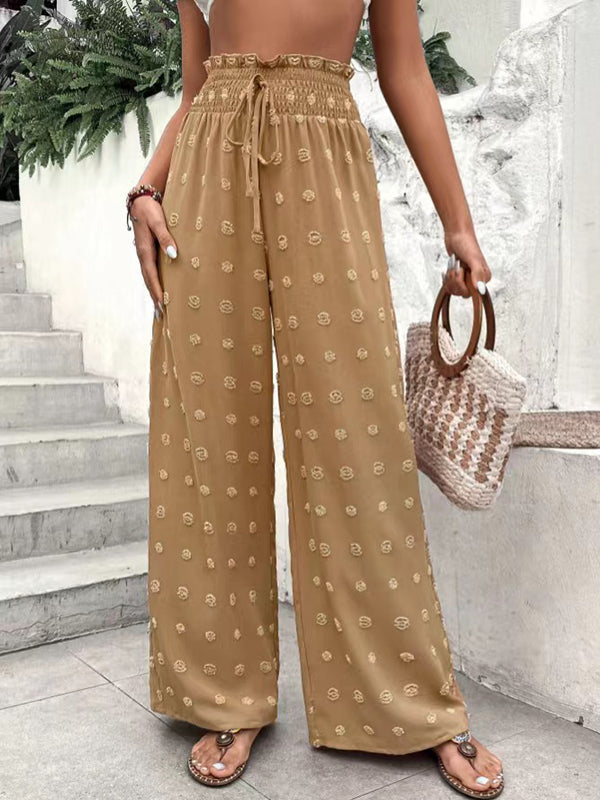 Drawstring Elasticity Jacquard Solid Color High Waisted Loose Trousers Pants