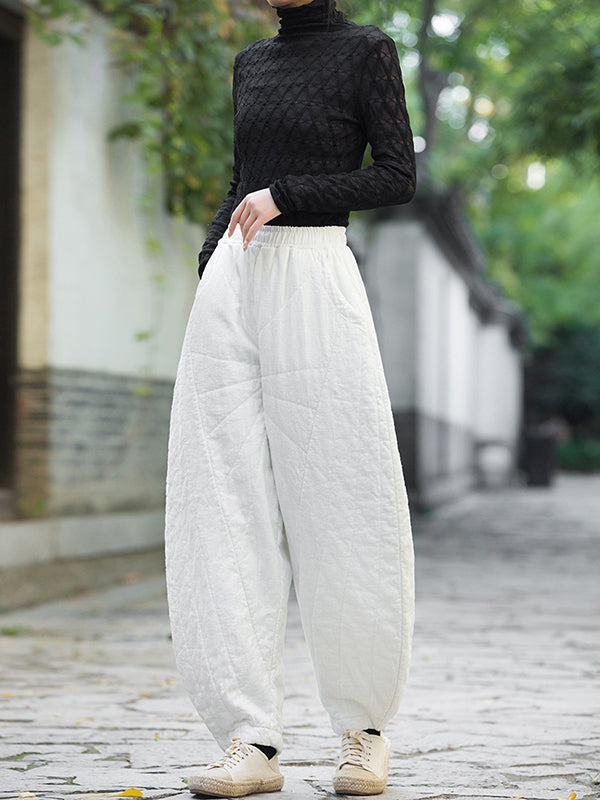 Casual Loose Keep Warm Quilted Solid Color Padded Bloomers Pants