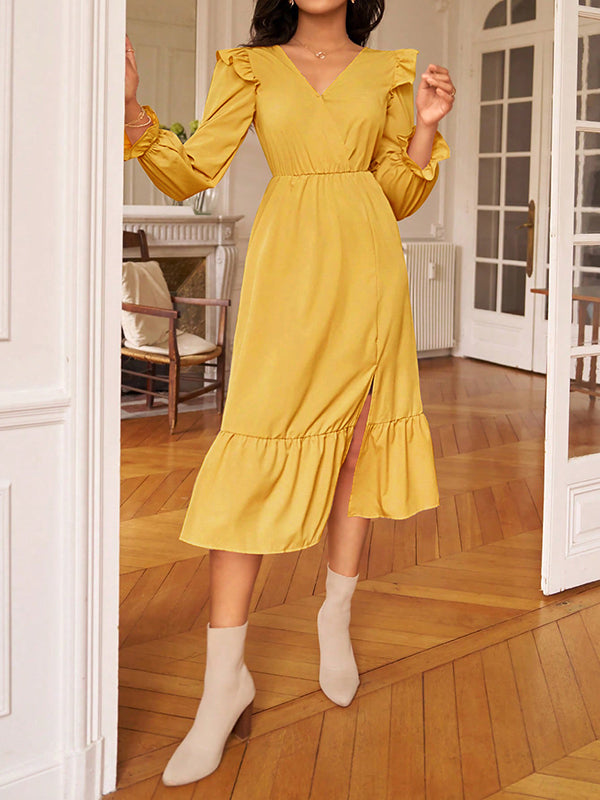 Backless Elasticity Ruffled Solid Color Split-Joint Split-Side Tied A-Line High Waisted V-Neck Midi Dresses
