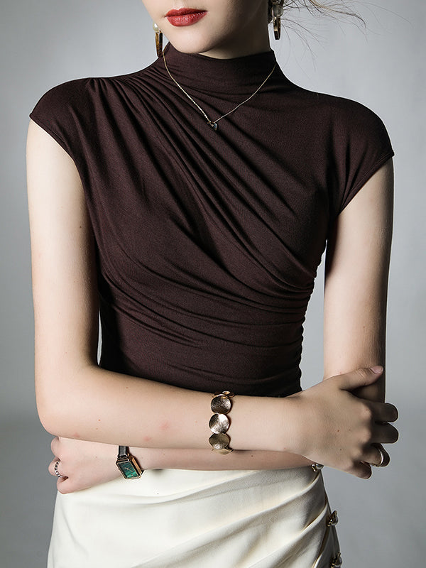 Pleated Solid Color Skinny Mock Neck T-Shirts Tops