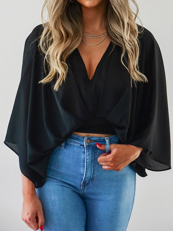 Solid Color Loose Three-quarter Sleeves Deep V-Neck Blouses&shirts Tops