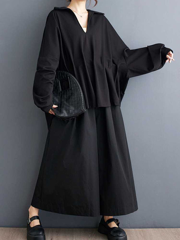 Pleated Solid Color Batwing Sleeves High-Low V-Neck Blouses&Shirts Tops