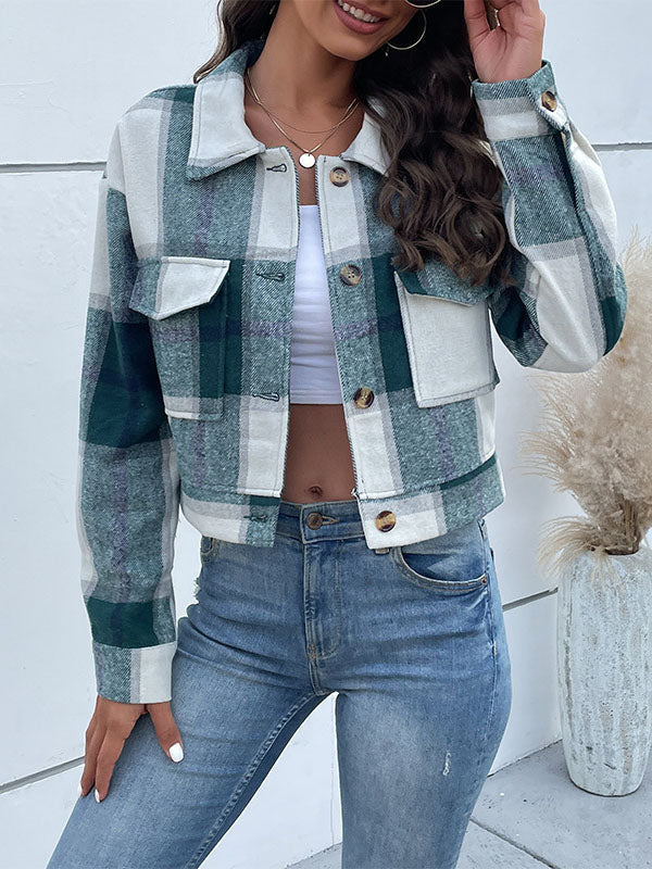 Buttoned Plaid Pockets Split-Joint Long Sleeves Loose Lapel Outerwear Jackets