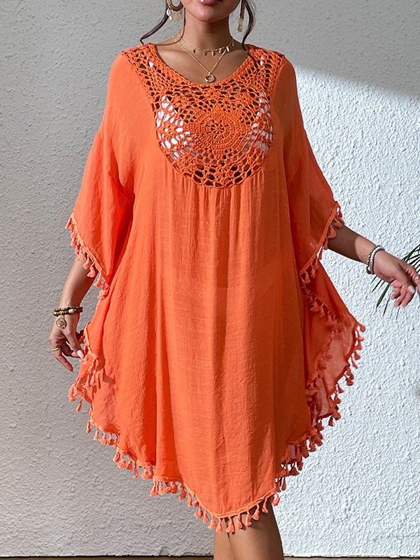 Hollow Solid Color Sun Protection Tasseled Batwing Sleeves Loose Round-Neck Midi Dresses Cover-Ups Tops