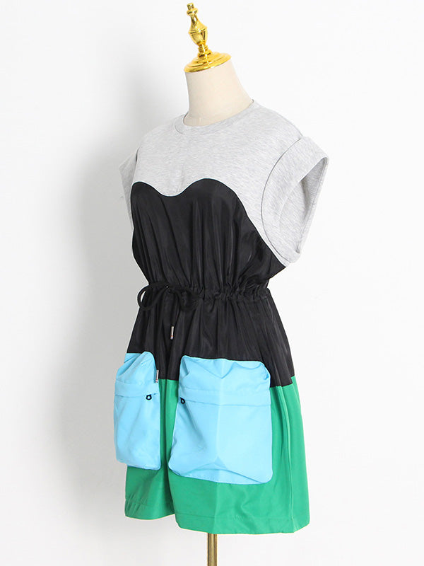 Stylish Selection Short Sleeves Loose Drawstring Split-Joint Round-Neck Mini Dresses