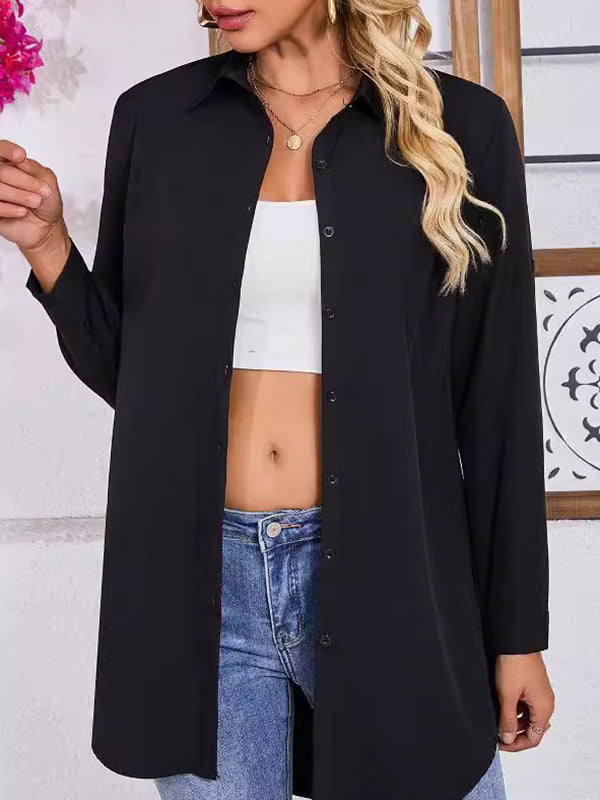 See-Through Solid Color Split-Joint Long Sleeves Loose Lapel Blouses