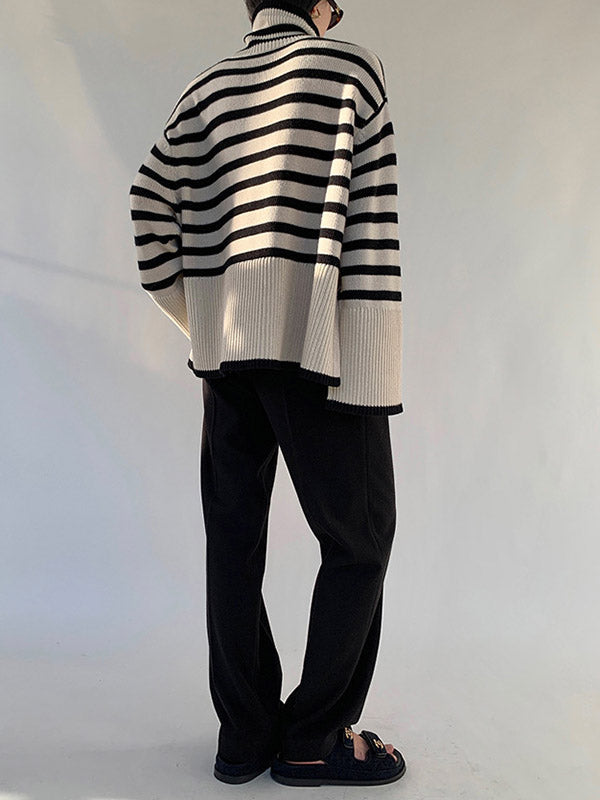 Contrast Color Pleated Split-Joint Split-Side Striped Patterns Long Sleeves Loose High Neck Sweater Tops