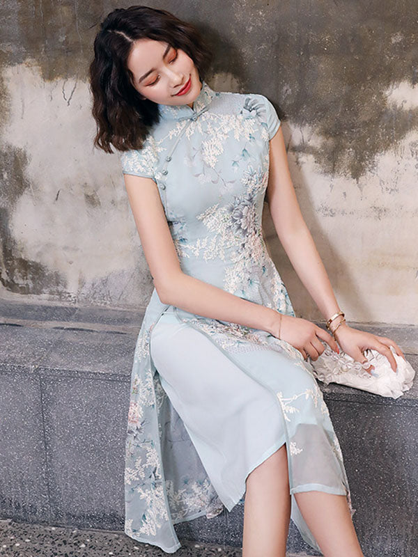 Original Applique Stand Collar Long Cheongsams