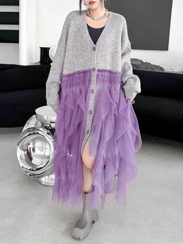 Buttoned Contrast Color Mesh Pleated Ribs Split-Joint High-Low Irregularity Collarless Outerwear Cardigan Tops