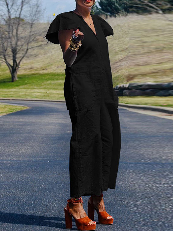 Fringed Pleated Pockets Solid Color Loose Ruffle Sleeves V-Neck Jumpsuits