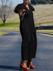Fringed Pleated Pockets Solid Color Loose Ruffle Sleeves V-Neck Jumpsuits