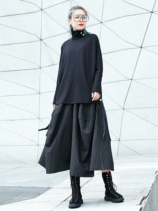 Elasticity Pockets Striped High Waisted Loose Pants Culotte