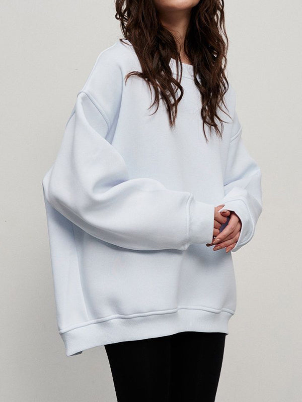 Solid Color Long Sleeves Loose Round-Neck Sweatshirt Tops