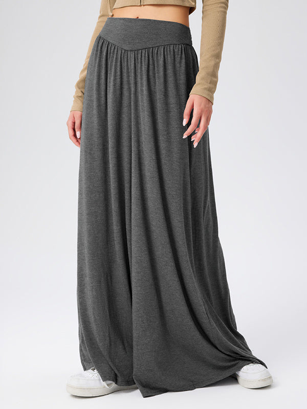 Pleated Pockets Solid Color Split-Joint High Waisted Loose Trousers Pants