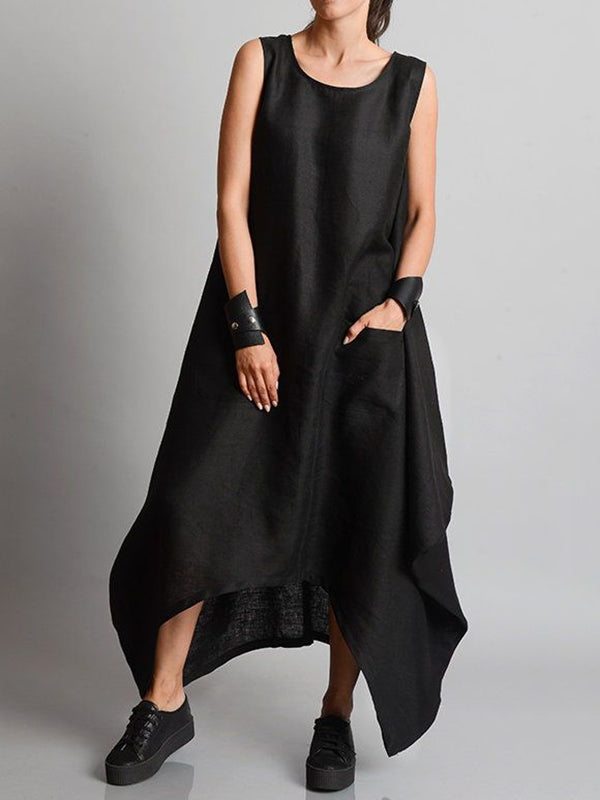 Irregular Clipping Sleeveless Solid Color Round-Neck Maxi Dresses
